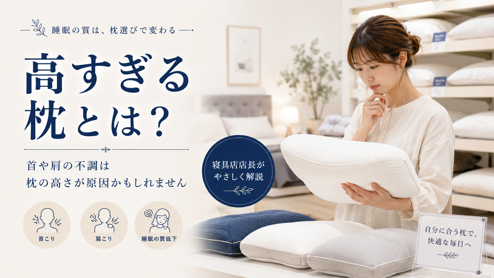寝具店で枕を手に取り、自分に合う枕を選んでいる女性