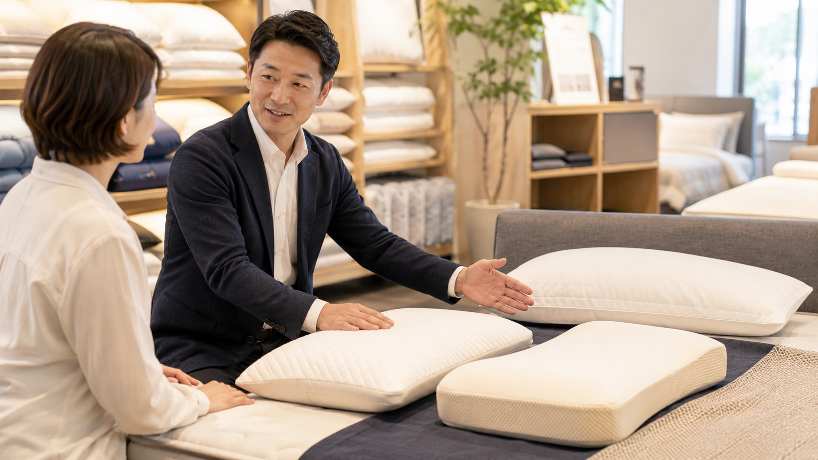 寝具店で枕の高さを確認しながら相談する様子
