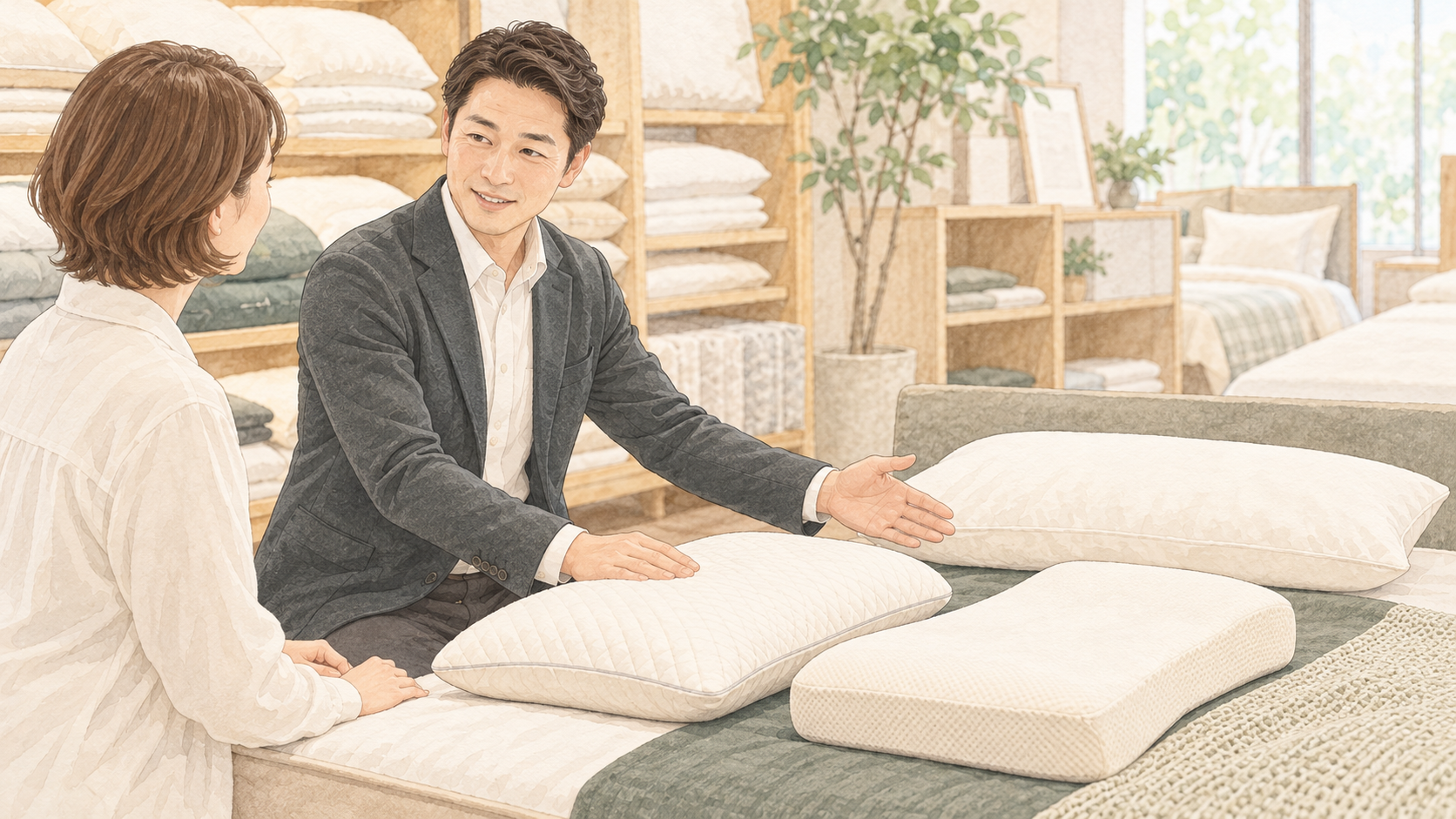 寝具店で複数の枕を見比べて相談する様子を描いた水彩調のイラスト