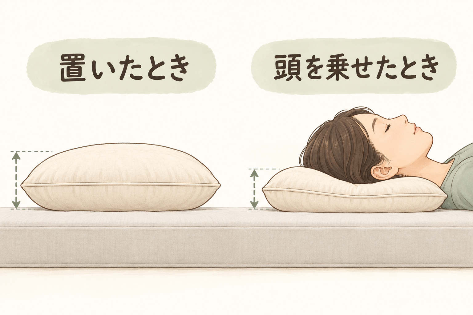 枕の厚さと、頭を乗せたときの沈み込みによる高さの違いを示す比較図
