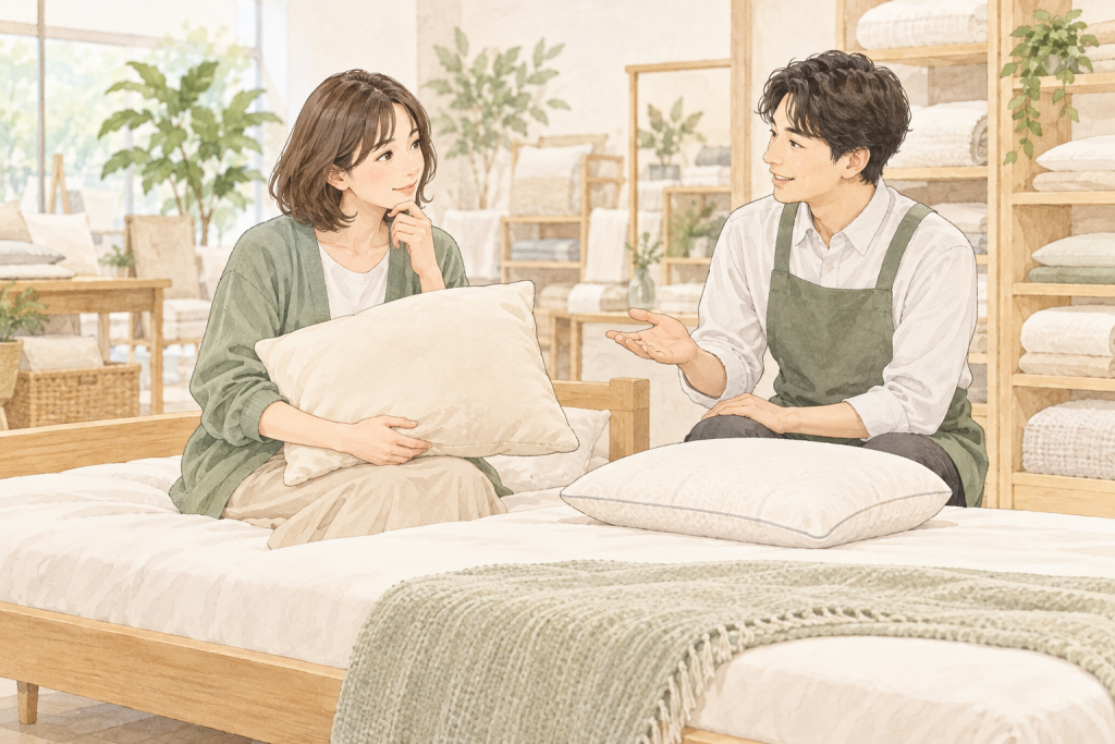 枕を手にした女性と店員が相談するイラスト